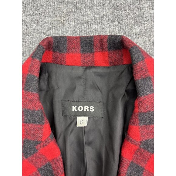 KORS Blazer Womens 6 Red Black Buffalo Check Wool Angora Made in Italy 3 Button - Picture 2 of 9